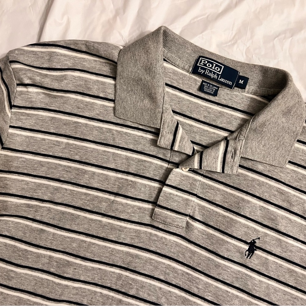 Ralph Lauren Men’s Medium Gray Stripe Cotton Pony Polo Shirt